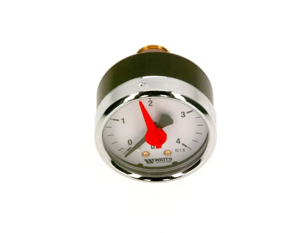 Rundes Manometer von Bosch mit einem weißen Zifferblatt und rotem Zeiger, zeigt einen Druckbereich von 0 bis 4 bar, axiale Anordnung, metallic glänzender Rahmen.